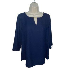 DANA BUCHMAN Women's Small Metal-Accent Keyhole Top Navy Blue Blouse 3/4 Sleeve